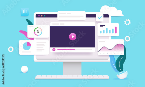 Video channel analytics - Desktop computer with video player results and data in semi flat design vector illustration