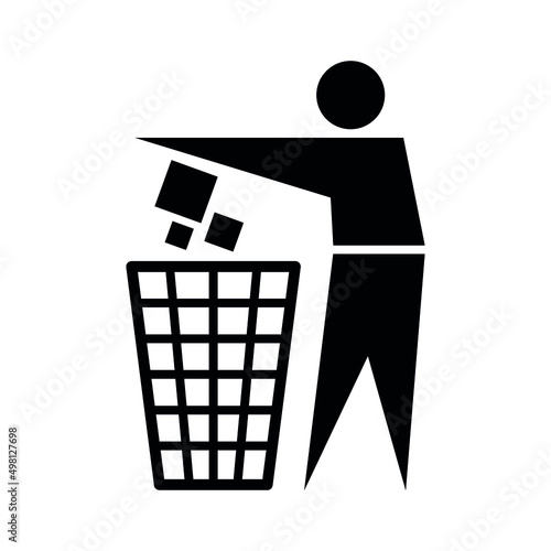 Waste bin black icons. Flat vector clean up sign. Man and waste bin. Keep clean. Recycle trash. Dispose of your garbage properly.