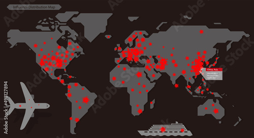 World influenza epidemic chart, map of the world, vector background
