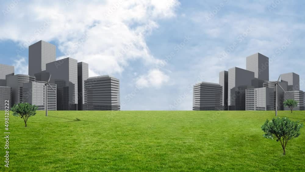 Animation of cityscape over sky with clouds Animation of cityscape over sky with clouds