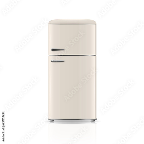 Vector 3d Realistic Beige Retro Vintage Fridge Icon Isolated on White. Vertical Refrigerator. Closed Fridge. Design Template, Mockup of Fridge. Front View