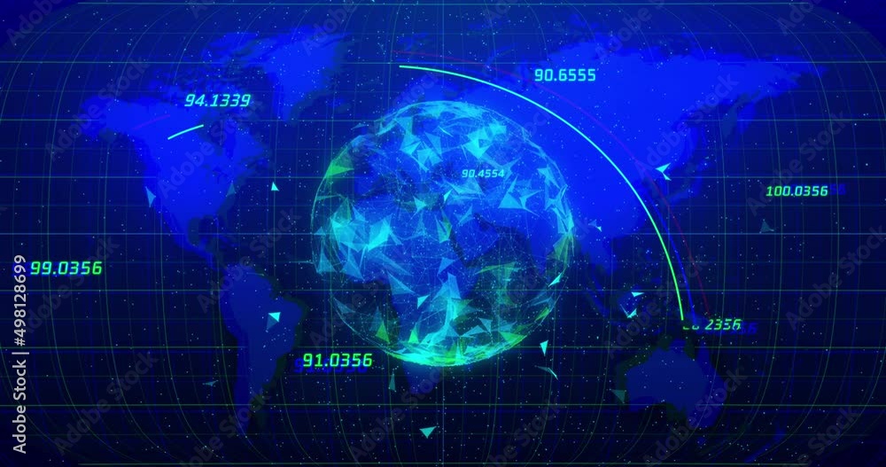 Animation of numbers and globe over blue background with world map Animation of numbers and globe over blue background with world map