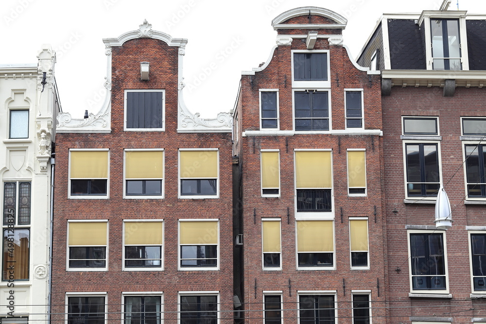 Amsterdam Rokin Street Traditional Brick Building Facades Close Up, Netherlands
