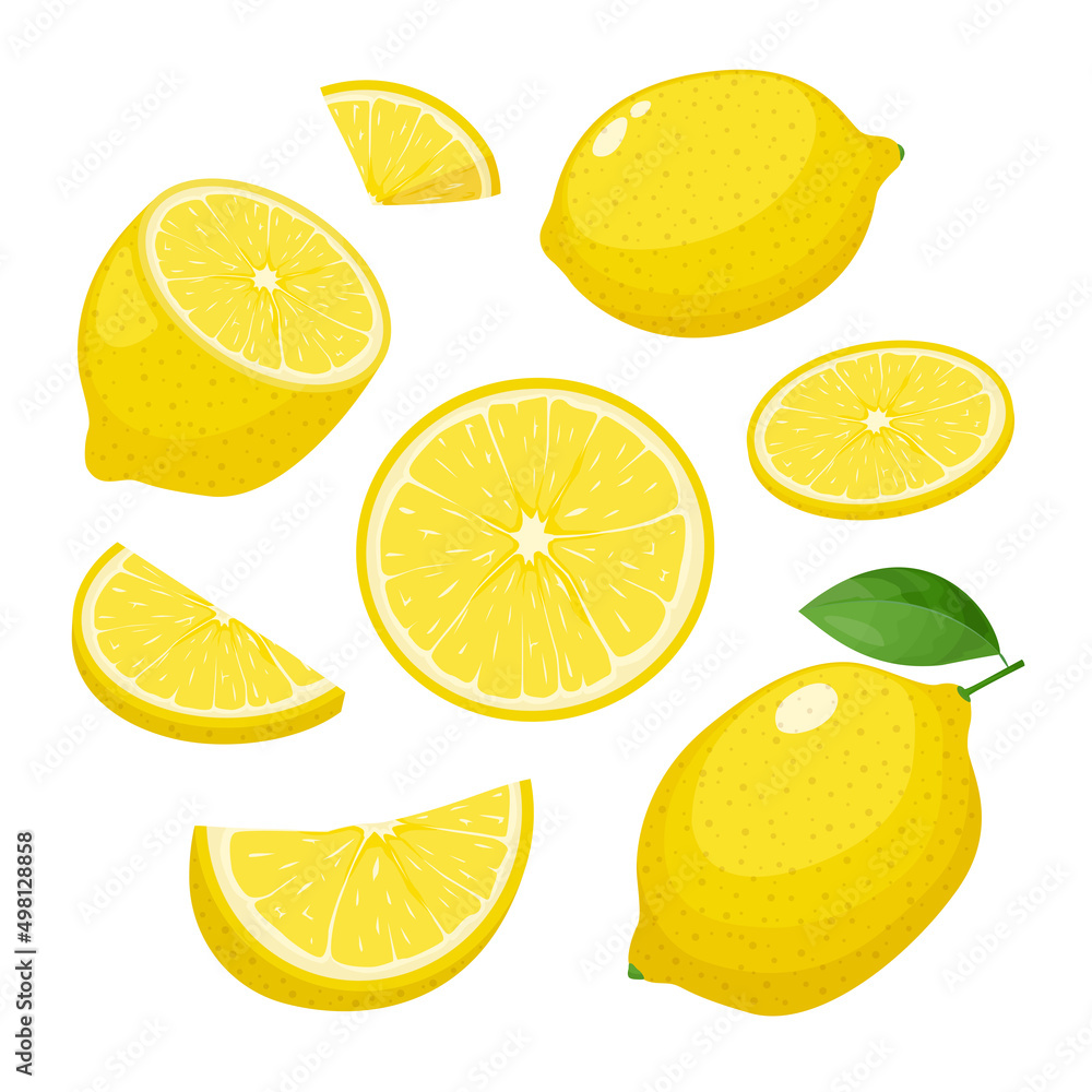 Lemon sign set. Whole, half, slice of lemon. Vector icon illustration isolated on white background