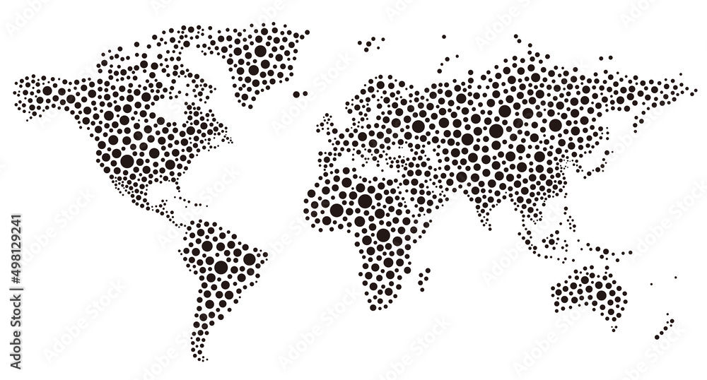 World map composed of different sizes polka dots World map composed of different sizes polka dots