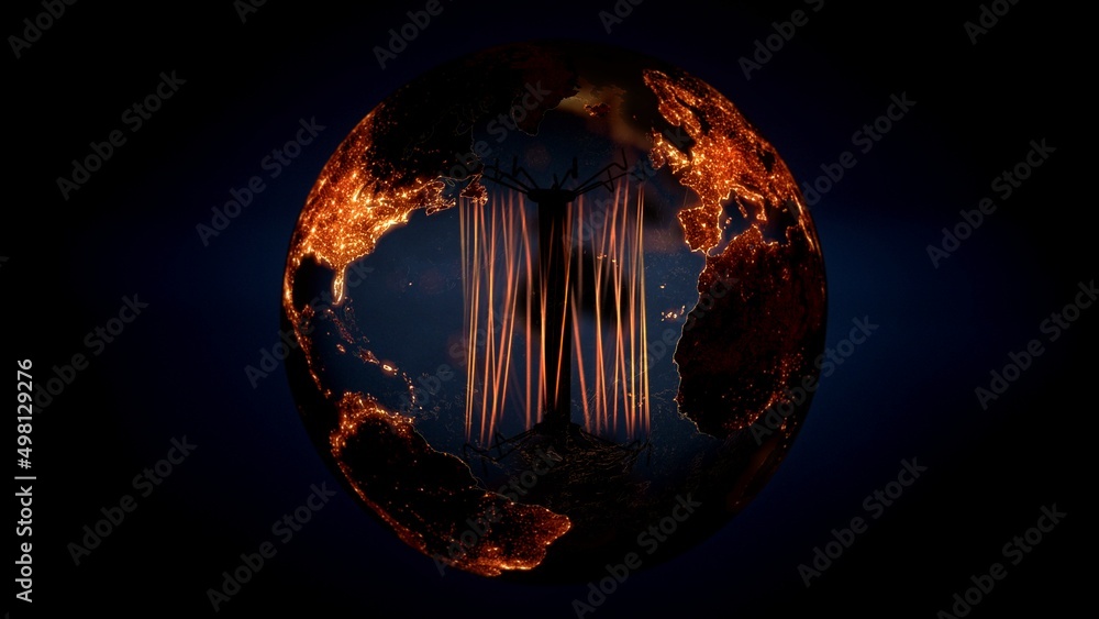 Abstract earth world map sphere with glowing light bulb illuminated night cities. Concept 3D illustration for global electric power consumption. Globalization of renewable energy and fossil resources. - obrazy, fototapety, plakaty 