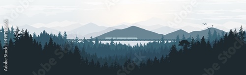 Mountains and lakes, rivers with trains passing by and sunrise or sunset. mountain vector