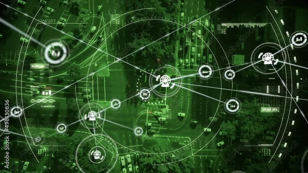 Animation of network of connections and scope scanning over cityscape Animation of network of connections and scope scanning over cityscape