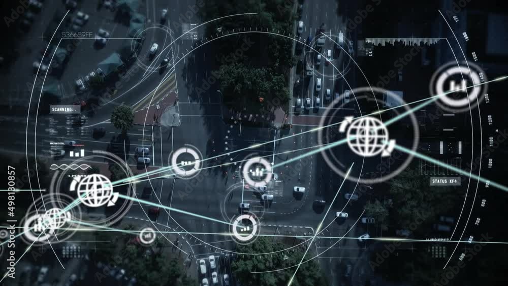Animation of network of connections and scope scanning over cityscape Animation of network of connections and scope scanning over cityscape