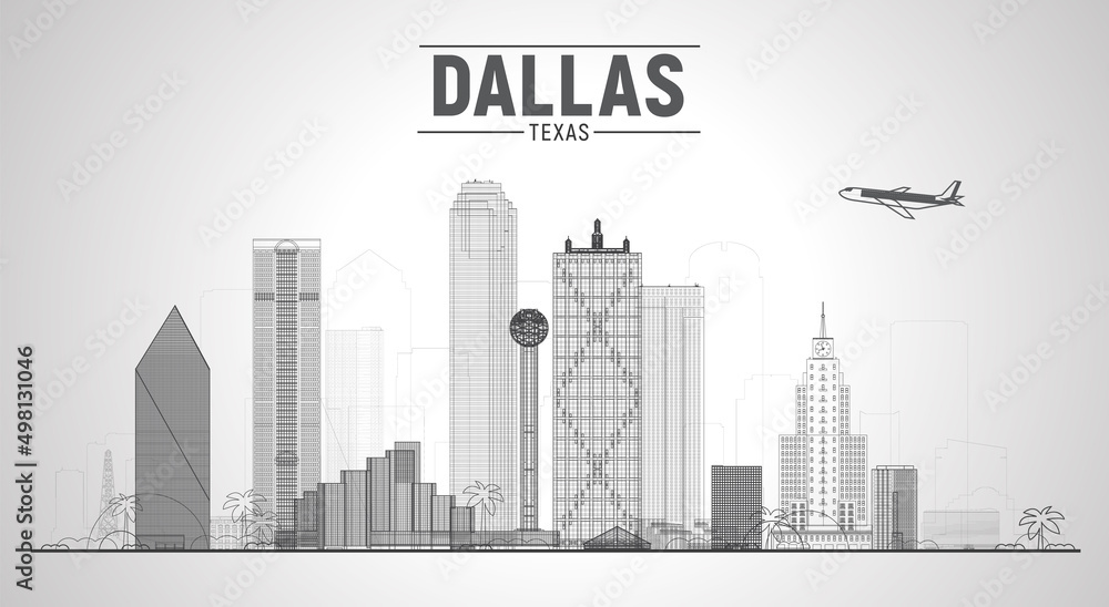 Dallas Texas Us city skyline vector illustration on white background. Business travel and tourism concept with modern buildings. Image for presentation, banner, website.