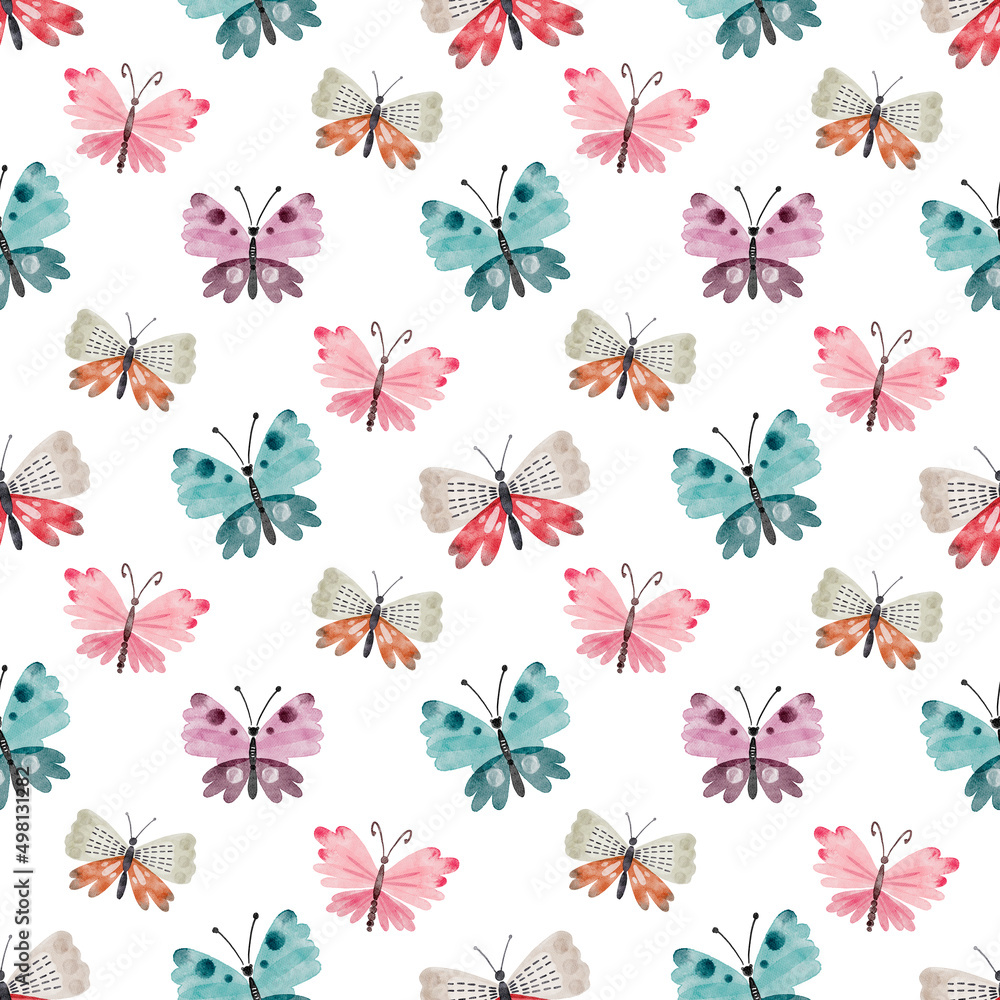 Seamless pattern with multi-colored butterflies on a white background close up, watercolor illustration.	
