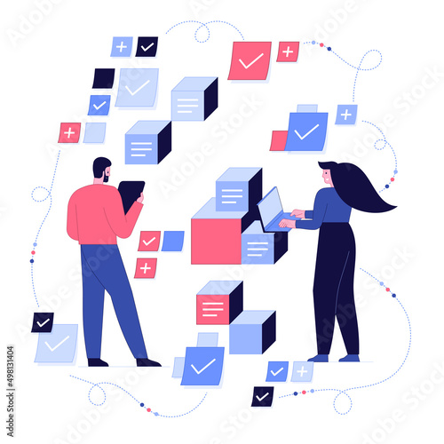 Team people sticking work business plan schedule and memo notes. Agile project plan. Scrum task board concept colorful sticky papers and markers. Kanban board concept. Vector flat illustration