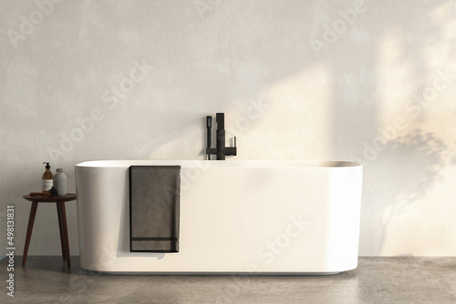 A white bathtub on concrete floor, black faucet and a table witha ccessories on it. 3D Render 