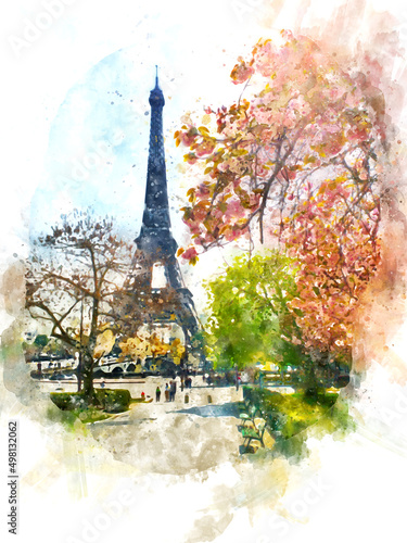 Sticker Paris watercolor illustration. Handdrawn art.