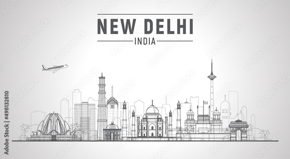 New Delhi (India ) line city skyline white background. Flat vector illustration. Business travel and tourism concept with modern buildings. Image for banner or website.