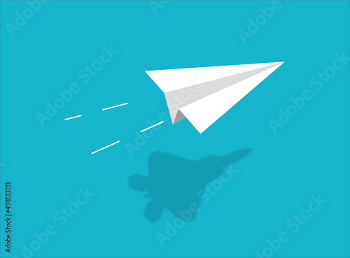 Paper plane casting shadow jet fighter, vector illustration