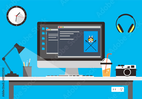Working place, computer and other things on the desk, vector illustration