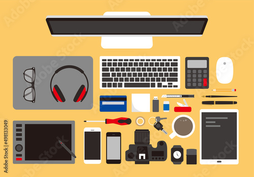 Working place, computer and other things on the desk, vector illustration