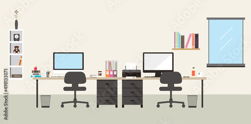 Working place, computer and other things on the desk, vector illustration