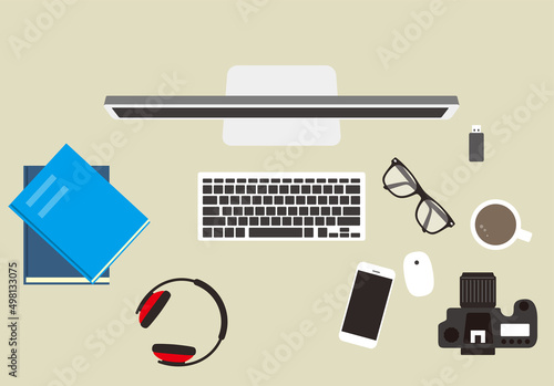 Working place, computer and other things on the desk, vector illustration