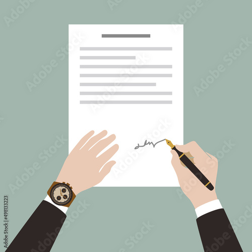 Man signs contract document using pen , vector illustration