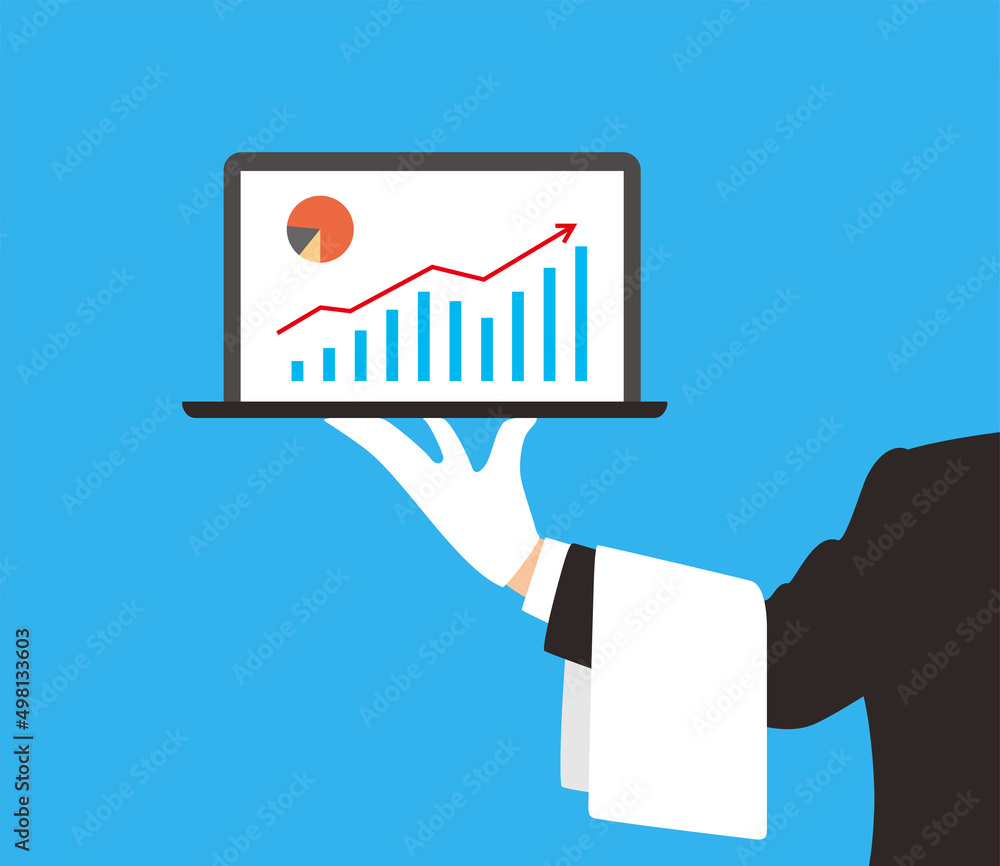 Man holding the plate, computer on the plate, vector illustration Man holding the plate, computer on the plate, vector illustration