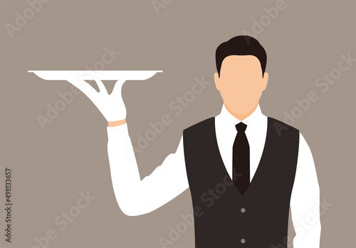 Waiter holding a empty tray, concept