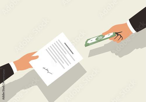 One hand holding money, one hand holding contract paper, flat design, vector illustration