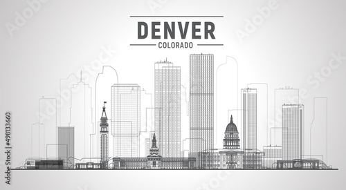 Denver ( Colorado ) line skyline with panorama in white background. Vector Illustration. Business travel and tourism concept with modern buildings.