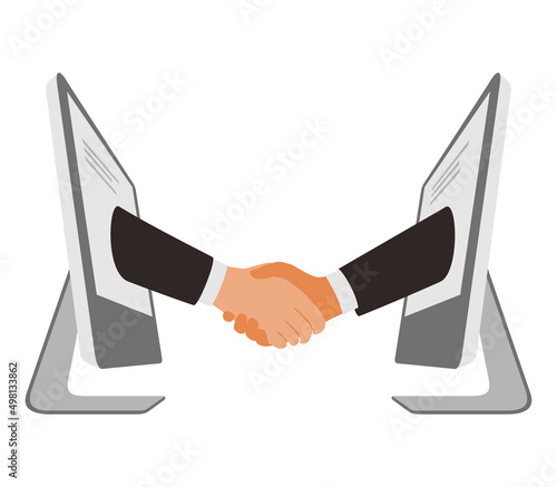 Concept illustration of internet deals, handshake from computer, business partnership vector illustration