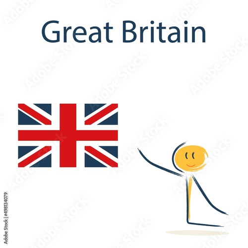 Character with the flag of Great Britain. Teaching children geography and countries of the world