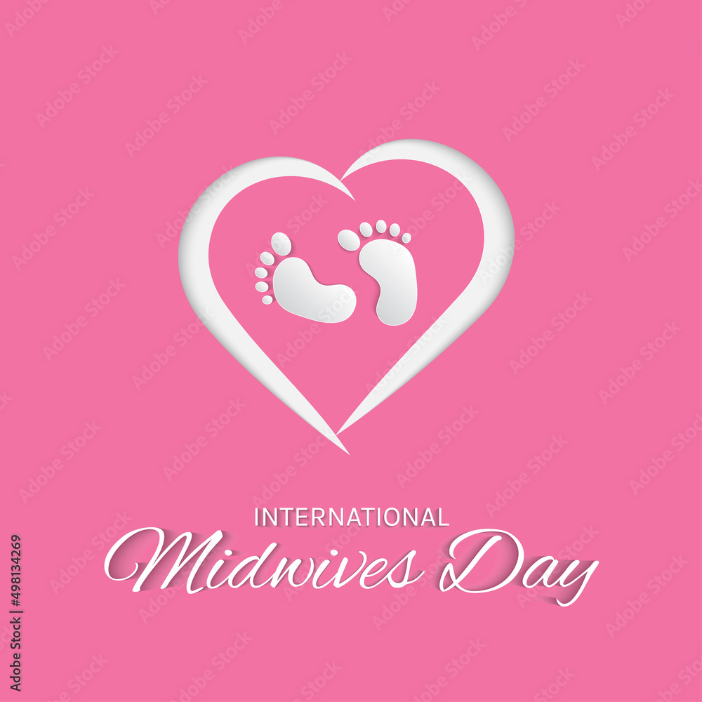 International midwives day greeting cards, pink and white with symbols of love and baby feet, for banners, posters and social media templates.vector illustration.