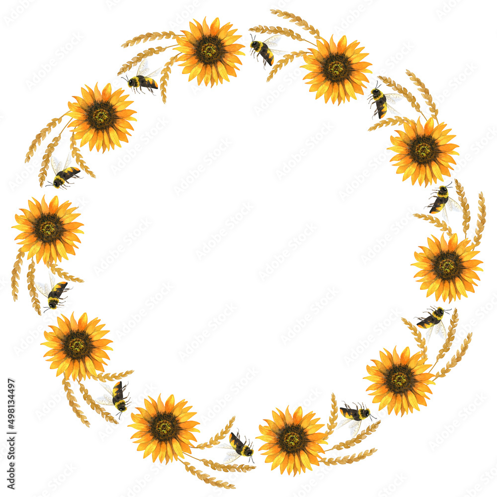 Sunflower wreath with honey bee and ears of wheat, watercolor summer frame Sunflower wreath with honey bee and ears of wheat, watercolor summer frame