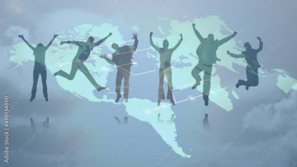 Animation of jumping people shadows and world map on grey background Animation of jumping people shadows and world map on grey background