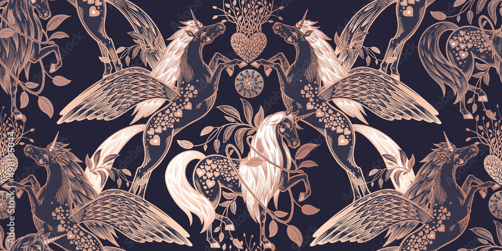 Fototapeta premium Unicorns in a fantasy forest. Fantasy Animal Seamless pattern.