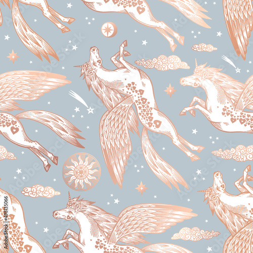 Flying Unicorns. Fantasy Animal Seamless pattern. Gold and blue.