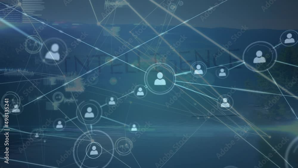 Animation of network of connections with people icons over intelligence text and landscape Animation of network of connections with people icons over intelligence text and landscape