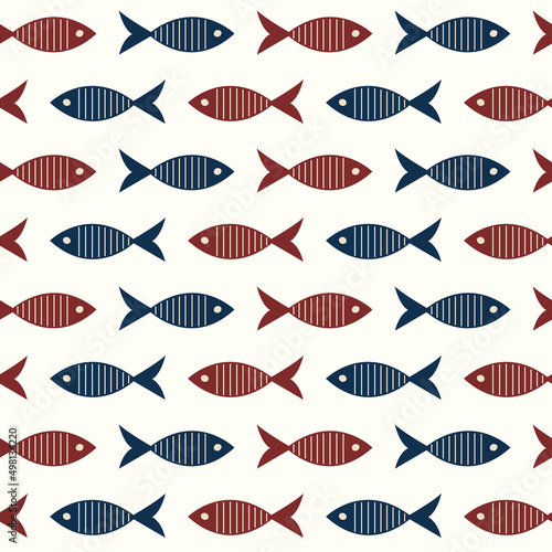 Seamless pattern of graphic fishes in geometric order on a milky background