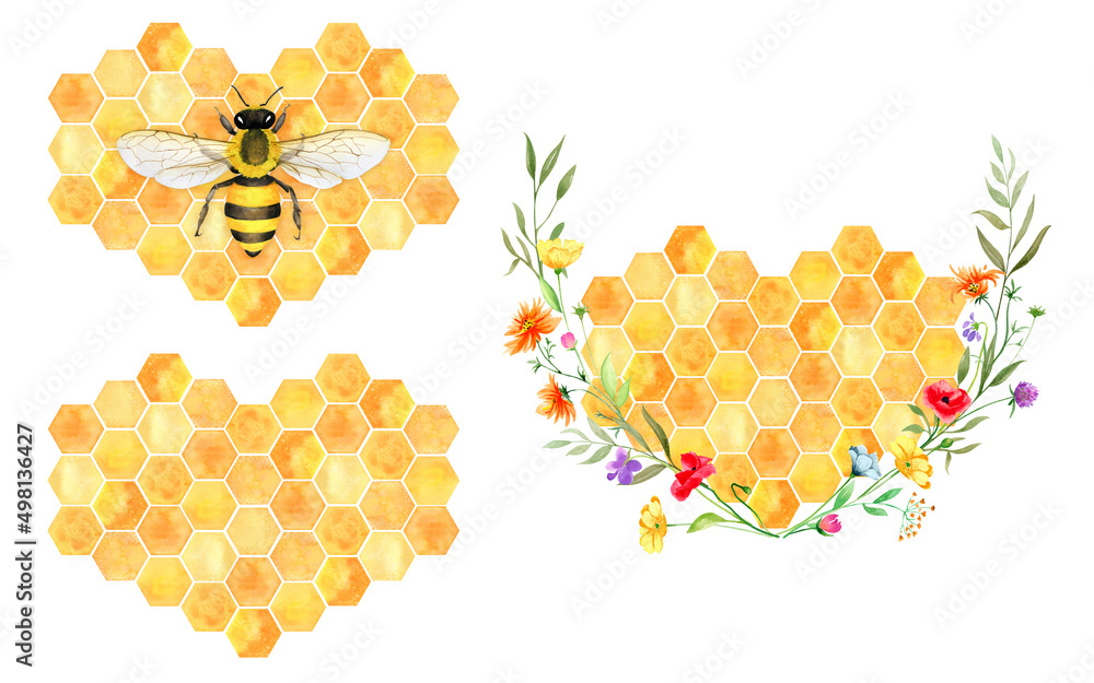 Honeycomb hearts with honey bee and wildflowers, Watercolor yellow ...