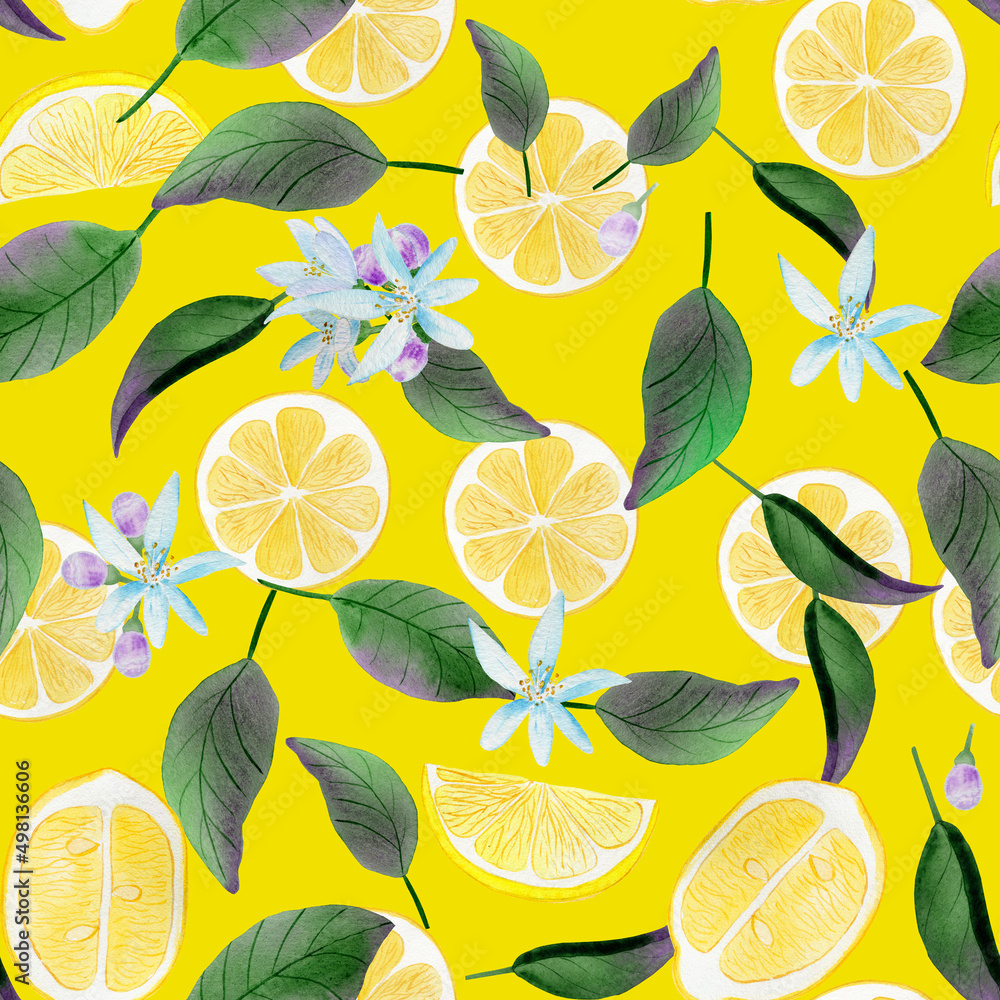 Lemon slices watercolor seamless pattern. Pieces of yellow citrus with leaves and flowers on an yellow background. For textiles and wallpapers. Wrapping paper and fresh summer background.	
