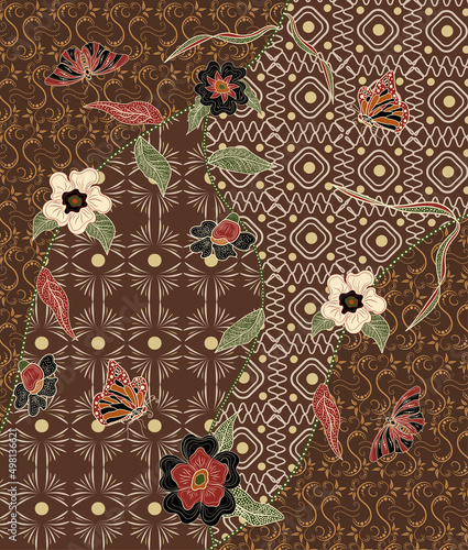 Asian traditional batik, abstract pattern of Indonesian butterflies and flowers.
