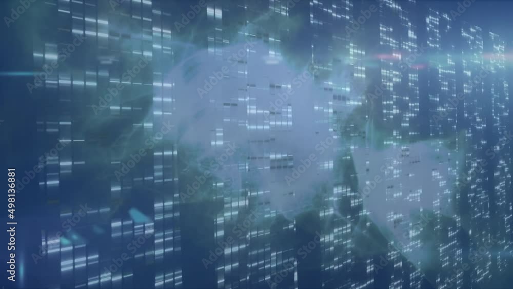 Animation of lights and data processing over navy background with green smoke Animation of lights and data processing over navy background with green smoke