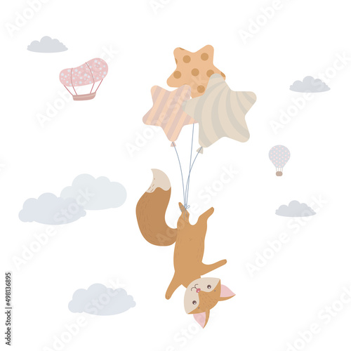 A cute Fox cub is flying in balloons. Red fox among the clouds. Balloons and airship. Children's illustration, Cute print, vector. Isolated on a white background.