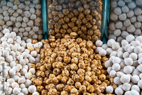 diffierent types of chickpeas,white chickpeas,coated chickpeas photo