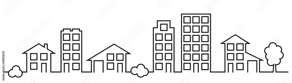 City street line art, town panorama vector illustration. Small and big houses, buildings with garage, city apartments, skyscrapers, trees and bushes. Urban panorama, city streen view. Cottage estate. City street line art, town panorama vector illustration. Small and big houses, buildings with garage, city apartments, skyscrapers, trees and bushes. Urban panorama, city streen view. Cottage estate.