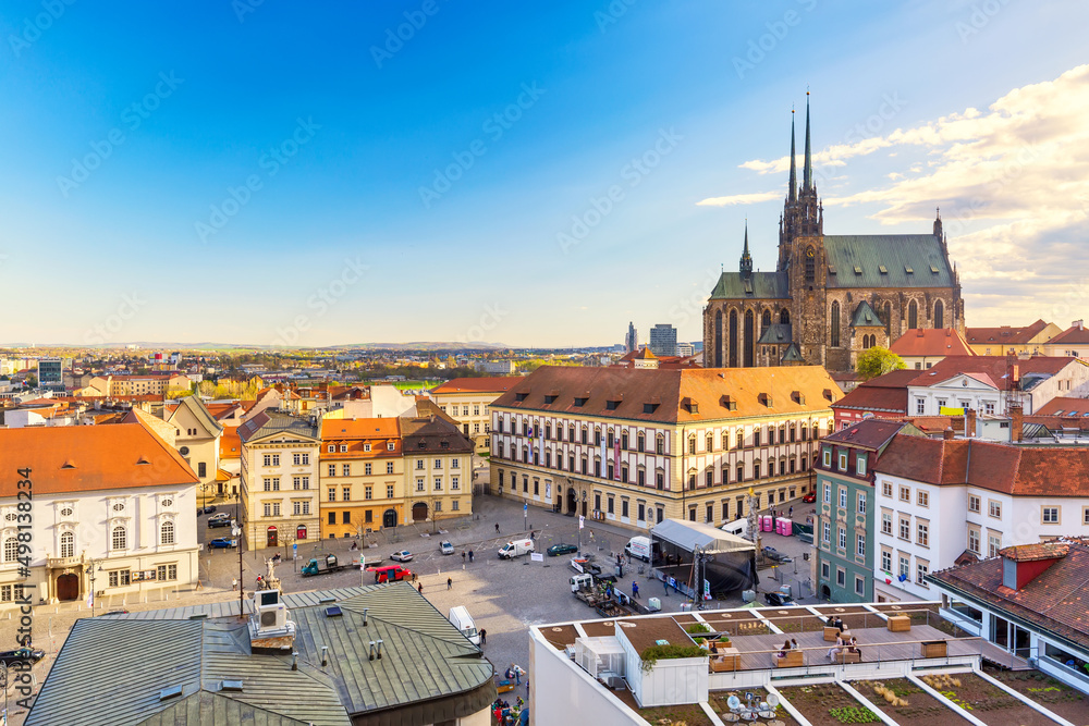 Cathedral of St Peter and Paul in Brno, Moravia, Czech Republic with town square during sunny day. Famous landmark in South Moravia.