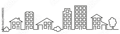 City street line art, town panorama vector illustration. Small and big houses, buildings with garage, city apartments, skyscrapers, trees and bushes. Urban panorama, city streen view. Cottage estate.