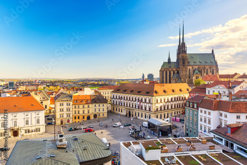 Fotografiet Cathedral of St Peter and Paul in Brno, Moravia, Czech Republic with town square during sunny day