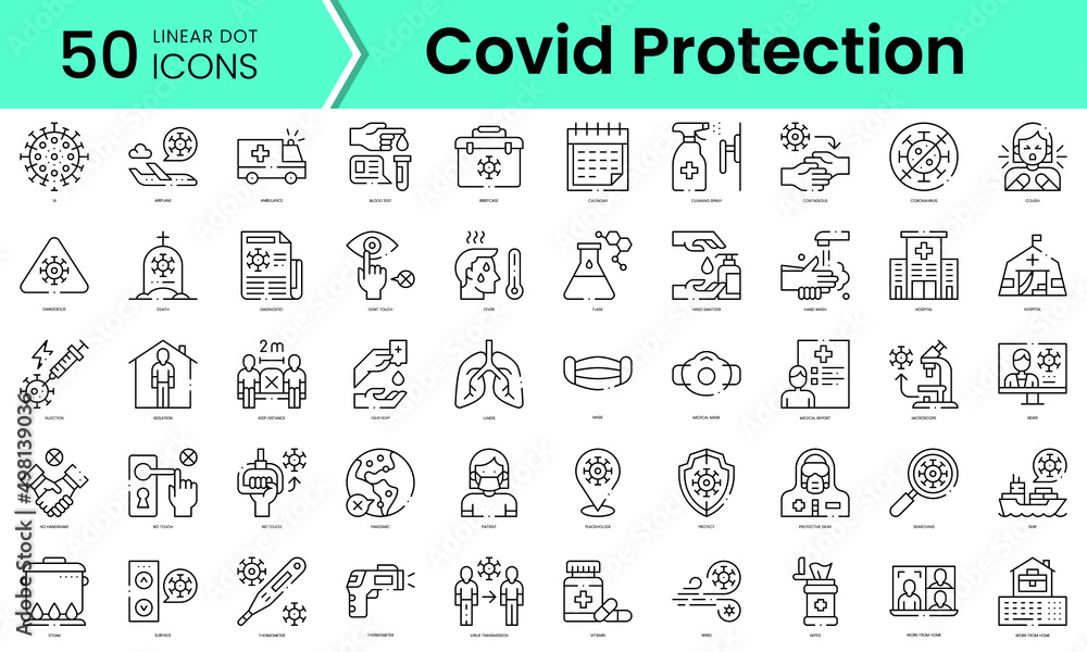 Set of covid protection measures icons. Line art style icons bundle. vector illustration