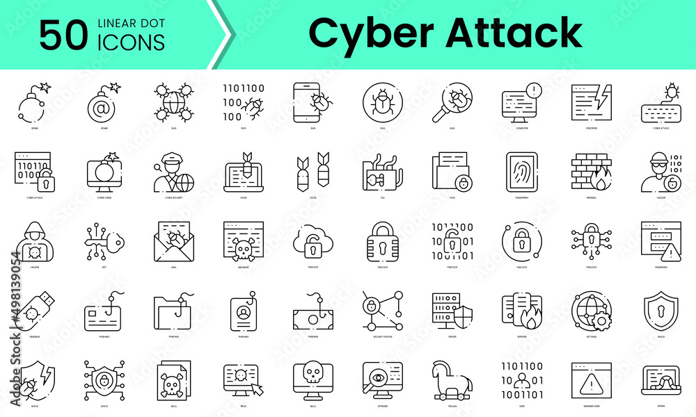 Set of cyber attack icons. Line art style icons bundle. vector illustration